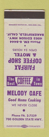 Matchbook Cover - Melody Cafe Fairfax Motel Bakersfield CA