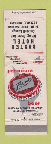 Matchbook Cover - Highlander Beer Baxter Hotel Bozeman MT WORN