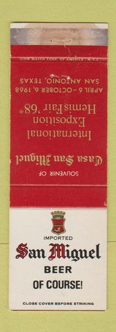 Matchbook Cover - San Miguel Beer San Antonio TX 1968 Expo Hemis Fair WORN