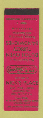 Matchbook Cover - Nick's Place Warren OH SAMPLE
