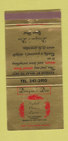 Matchbook Cover - Dragon's Den Chinese Food Brooklyn NY 30 Strike