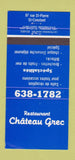 Matchbook Cover - Restaurant Chateau Grec St Constant QC 30 Strike