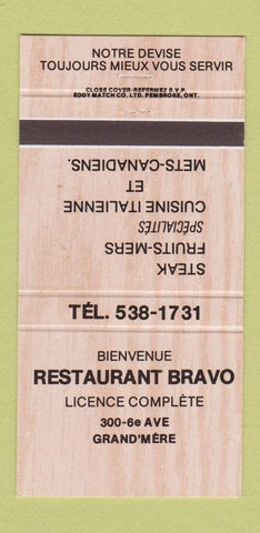 Matchbook Cover - Restaurant Bravo Grand Mere QC 30 Strike