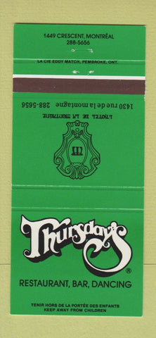 Matchbook Cover - Thursday's Restaurant Montreal QC 30 Strike