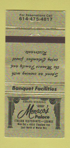 Matchbook Cover - Monaco's Palace Italian Restaurant Columbus OH 30 Strike