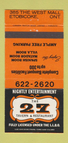Matchbook Cover - 27 Restaurant Tavern Etobicoke ON 30 Strike
