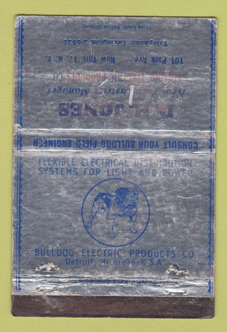 Matchbook Cover - DH Jones Bulldog Electric New York City WORN 40 Strike
