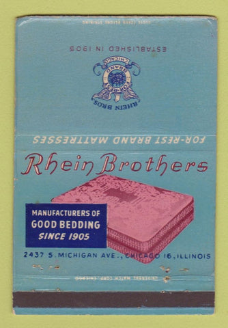 Matchbook Cover - Rhein Brothers Bedding Mattress Chicago IL WORN 40 Strike