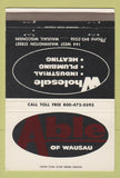 Matchbook Cover - Able Industrial Plumbing Heating Supply Wausau WI 40 Strike