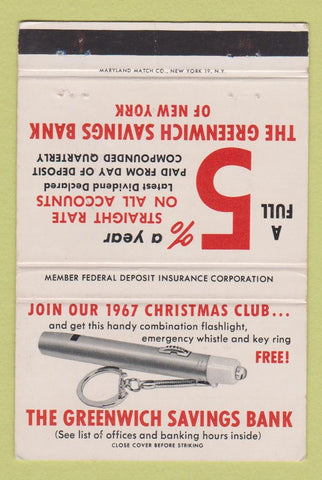 Matchbook Cover - Greenwich Savings Bank CT 1967 Christmas Club 40 Strike