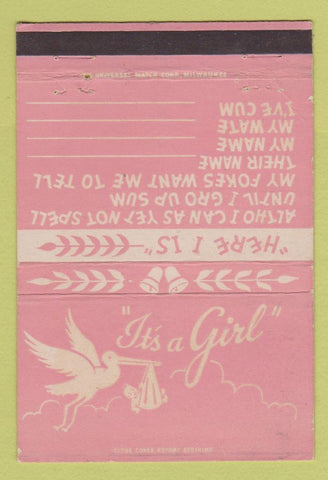 Matchbook Cover - It's A Girl Stork Miles Kimball Oshkosh WI WEAR 40 Strike