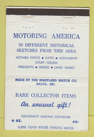 Matchbook Cover - Motoring America Souvenir Sketches Baltimore MD 40 Strike