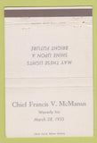 Matchbook Cover - Chief Francis McManus Waverly Inn 1955 40 Strike