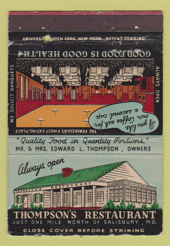 Matchbook Cover - Thompson's Restaurant Salisbury MD WEAR 40 Strike