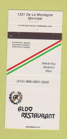 Matchbook Cover - Aldo Restaurant Italian Montreal QC 30 Strike