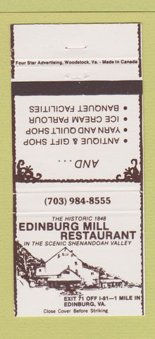 Matchbook Cover - Edinburg Mill Restaurant Edinburg VA 30 Strike