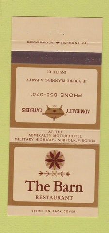 Matchbook Cover - Barn Restaurant Norfolk VA Admiralty Motor Hotel 30 Strike