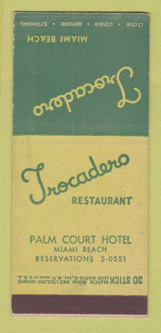 Matchbook Cover - Trocadero Restaurant Miami Beach FL SAMPLE 30 Stick