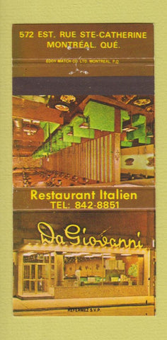 Matchbook Cover - Da Diovanni Montreal QC Italian Restaurant 30 Strike
