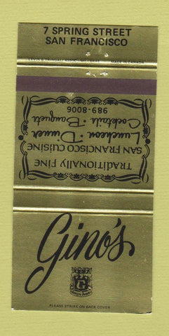 Matchbook Cover - Gino's Restaurant San Francisco CA 30 Strike