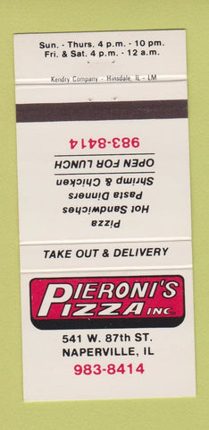 Matchbook Cover - Pieronio's Pizza Naperville IL 30 Strike