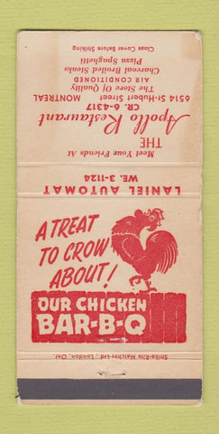 Matchbook Cover - Apollo Restaurant Montreal QC chicken WORN 30 Strike