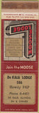 Matchbook Cover - Matchbook Cover Moose Lodge DeKalb IL WORN