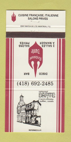 Matchbook Cover - Restaurnt Dante Italian French Quebec QC 30 Strike