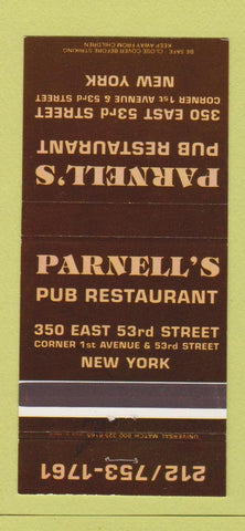 Matchbook Cover - Parnell's Pub Restaurant New York City 30 Strike