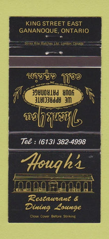 Matchbook Cover - Hough's Restaurant Gananoque ON 30 Strike