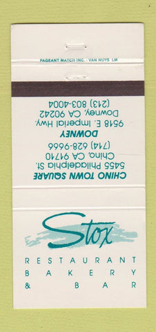 Matchbook Cover - Stox Restaurant Bakery Downey Chino CA 30 Strike