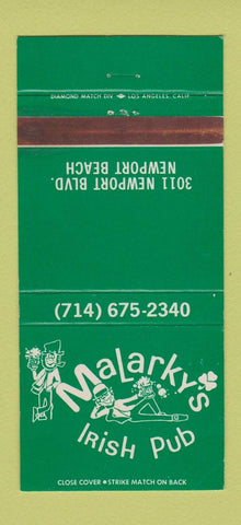 Matchbook Cover - Malarky's Irish Pub Newport Beach CA 30 Strike
