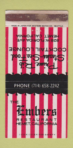 Matchbook Cover - The Embers Hemet CA restaurant WORN 30 Strike