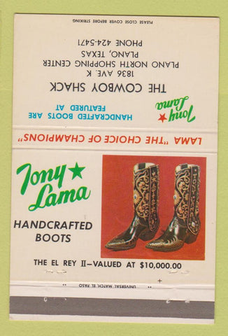 Matchbook Cover - Tony Lama Cowboy Boots Plano TX 40 Strike