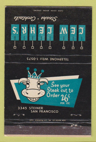 Matchbook Cover - Lew Lehr's Steaks San Francisco CA 40 Strike