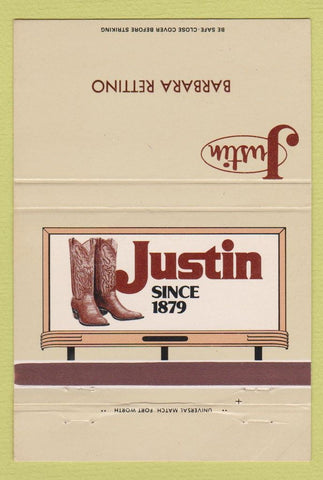 Matchbook Cover - Justin Cowboy Boots Barbara Rettino Fort Worth TX 40 Strike