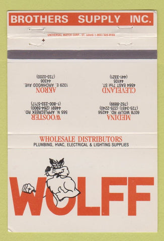 Matchbook Cover - Wolff Bros Supply Cleveland Akron Medina Wooster OH 40 Strike