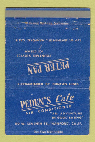 Matchbook Cover - Peden's Cafe Hanford CA 40 Strike
