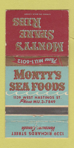 Matchbook Cover - Monty's Spare Ribs Seafood Vancouver BC WORN 30 Strike