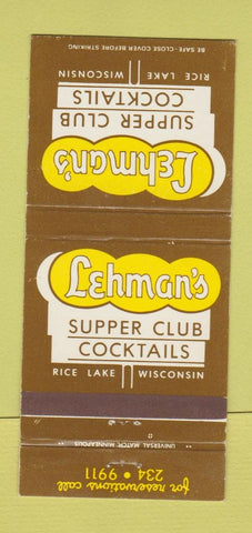 Matchbook Cover - Lehman's Supper Club Rice Lake WI 30 Strike