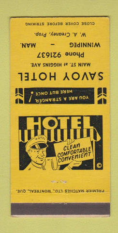 Matchbook Cover - Savoy Hotel Winnipeg MB YELLOW 30 Strike