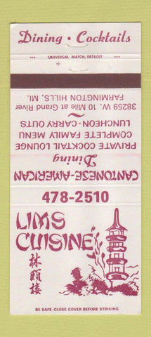 Matchbook Cover - Lims Chinese Restaurant Farmington Hills MI 30 Strike