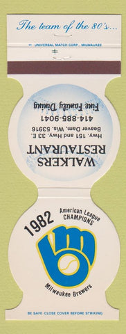 Matchbook Cover Milwaukee Brewers Baseball Walkers Restaurant Beaver Dam WI 1983