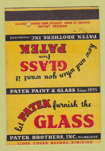 Matchbook Cover - Patek Bros Glass Milwaukee WI SAMPLE 40 Strike