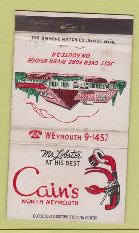 Matchbook Cover - Cain's Restaurant North Weymouth MA WORN 36 Strike
