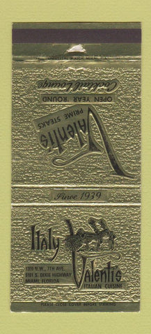 Matchbook Cover - Valenti's Italian Restaurant Miami FL WEAR 30 Strike