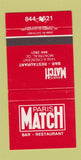 Matchbook Cover - Paris Match Bar Restaurant Montreal QC 30 Strike