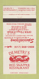 Matchbook Cover - Demetri's Red Snapper Restaurant Foxboro MA 30 Strike