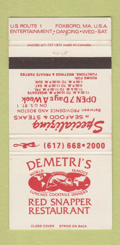 Matchbook Cover - Demetri's Red Snapper Restaurant Foxboro MA 30 Strike
