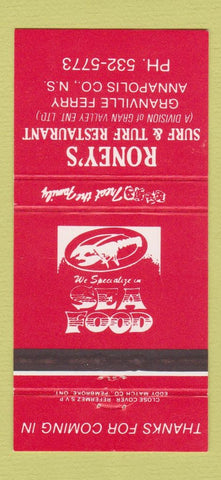 Matchbook Cover - Roney's Surf and Turf Restaurant Granville Ferry NS 30 Strike
